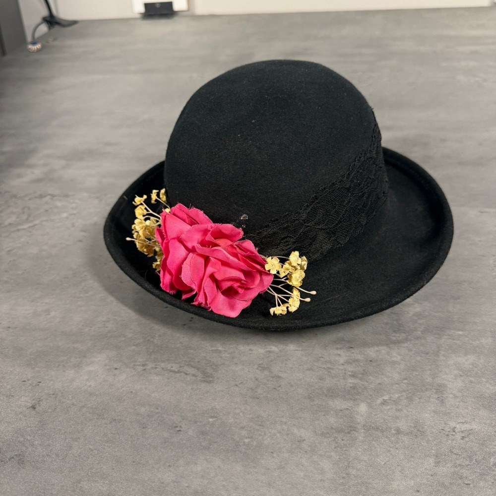 Vintage Bollman Hat Co Doeskin Felt Hat Black Wool Lace Pink Flower Coquette - Picture 2 of 7